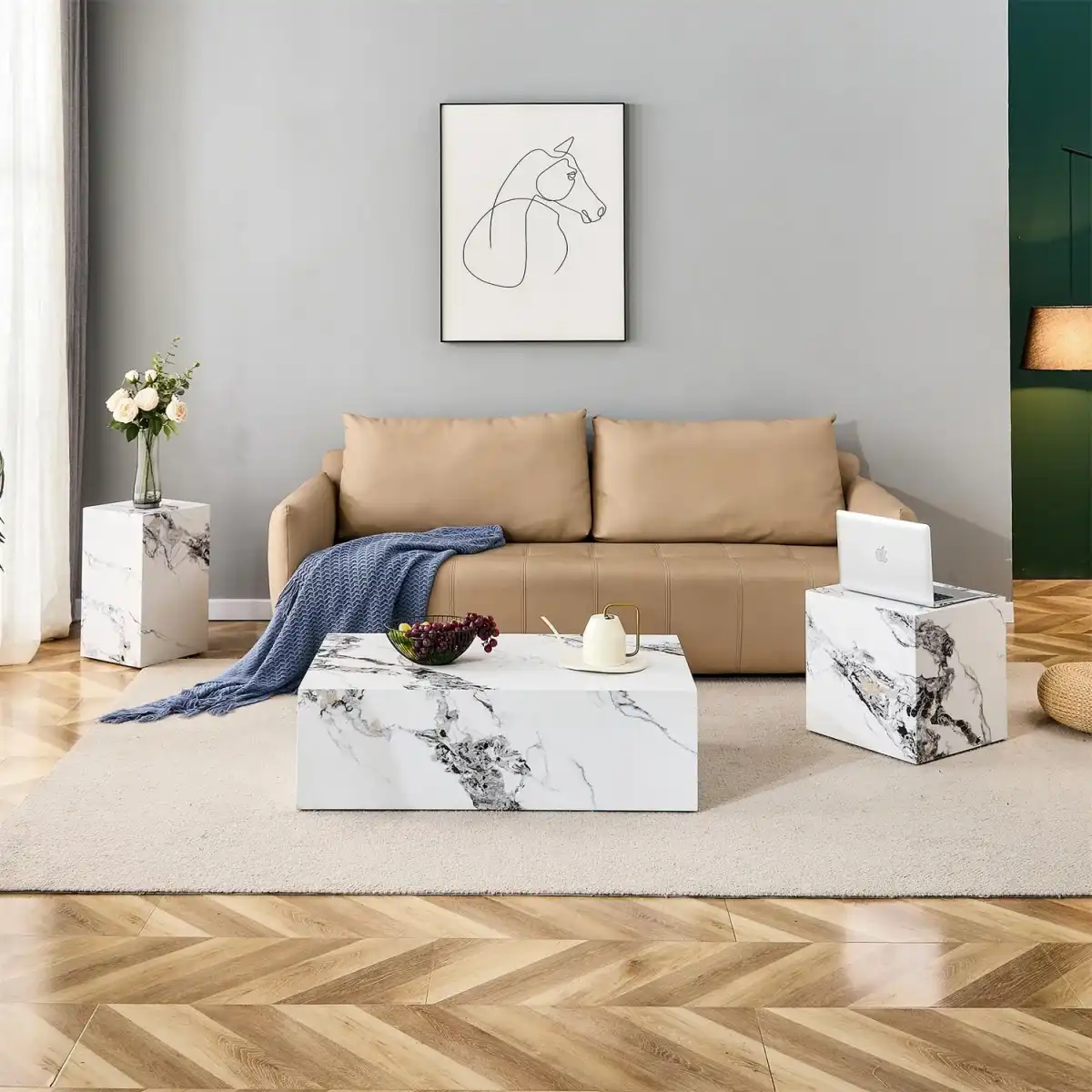 Coffee Table Set for 3, Living Room Table Set, White Faux Marble Coffee Table and Side Table, Modern Coffee Table Set, Center Table Set, No Assembly Required - Ready to Use - Image 2