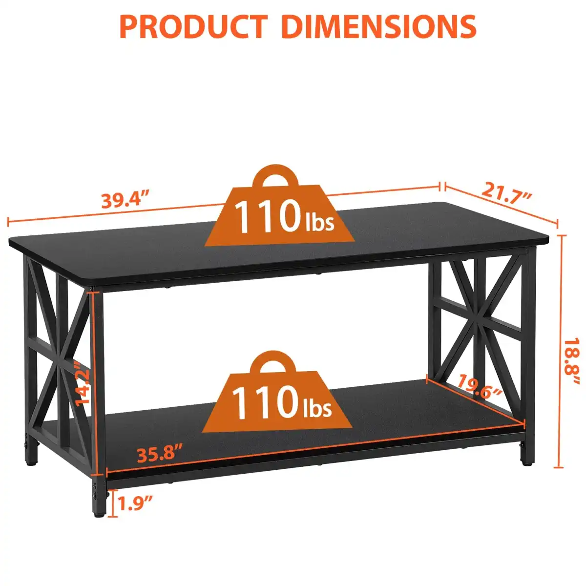 Epetlover 2-Tier Coffee Table for Living Room Industrial Modern Central Table with Wooden Tabletop Metal Frame Storage Shelf Accent Furniture for Home Office, Black - Image 7