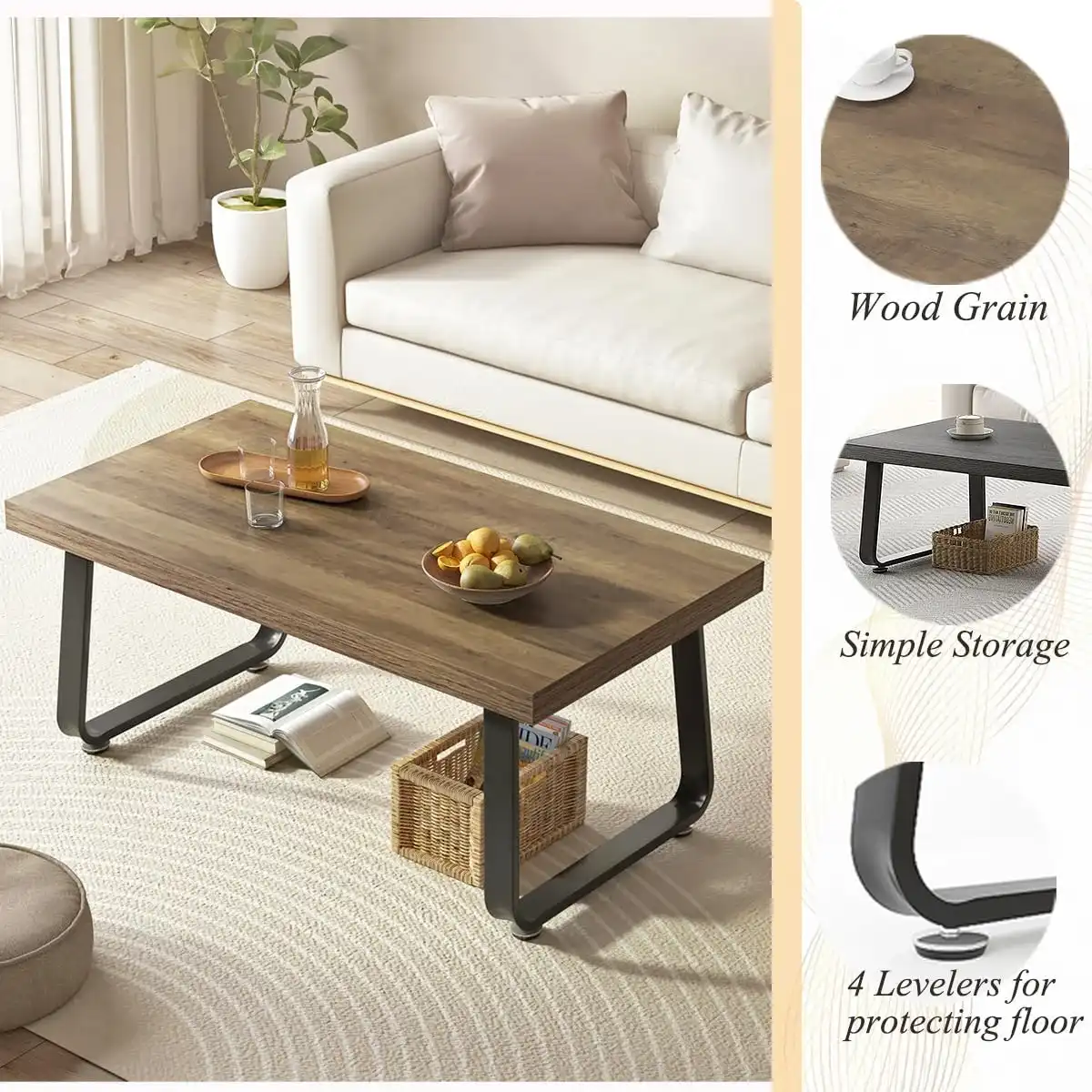 HSH Farmhouse Modern Simple Oak Center Table - Industrial Minimalist Rectangle Living Room Coffee Table, Wood and Metal, Rustic Oak, 39 in - Image 5