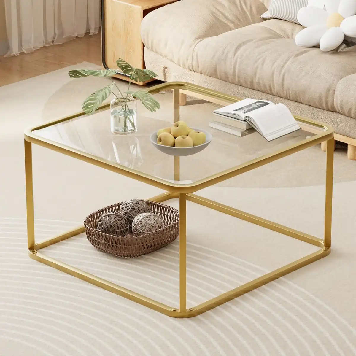 Coffee Table Glass, Minimalist Square Tables for Living Room, Modern Center Table for Office or Small Space, Tempered Glass, Sturdy Metal Frame, Easy Assembly, 26.4 x 26.4 x 15.7 Inches, Gold - Image 1