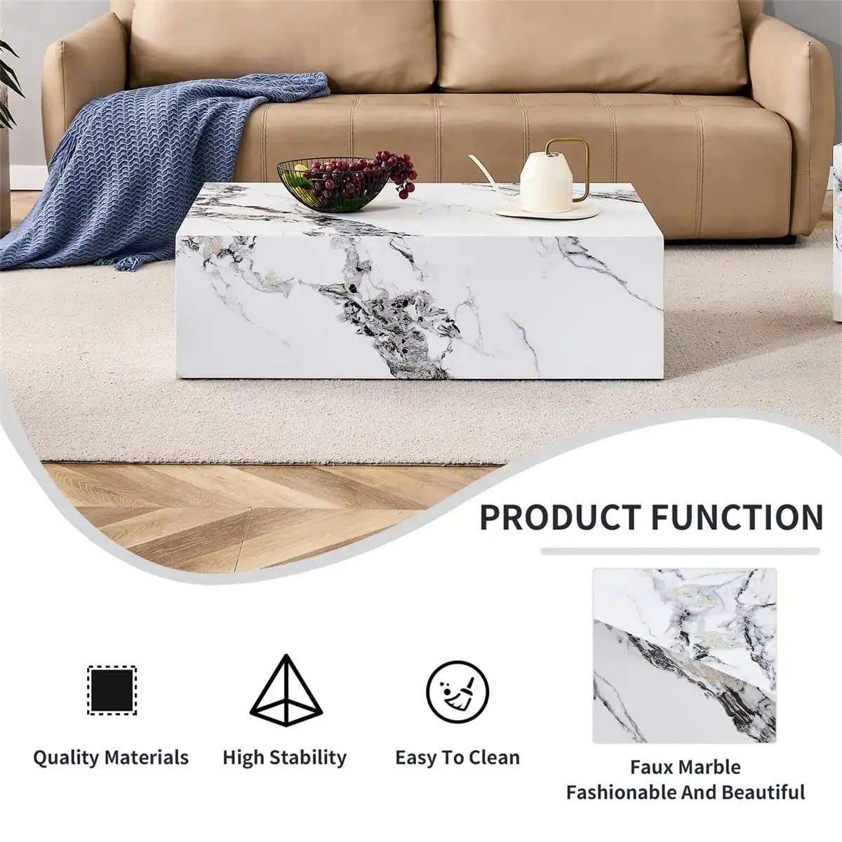 Coffee Table Set for 3, Living Room Table Set, White Faux Marble Coffee Table and Side Table, Modern Coffee Table Set, Center Table Set, No Assembly Required - Ready to Use - Image 4
