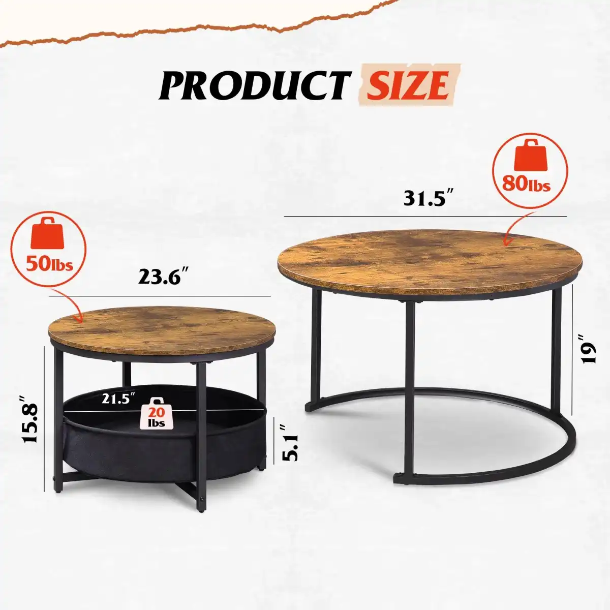WLIVE Round Coffee Table Set of 2, 31.5" Nesting Coffee Table with Storage, Industrial Minimalist Center Table with Metal Frame, Easy Assembly for Living Room, Apartment, Rustic Brown - Image 3