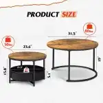 WLIVE Round Coffee Table Set of 2, 31.5" Nesting Coffee Table with Storage, Industrial Minimalist Center Table with Metal Frame, Easy Assembly for Living Room, Apartment, Rustic Brown - Image 3