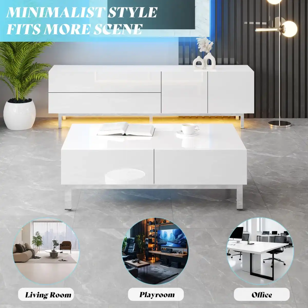 AMERLIFE High Gloss Electroplated Coffee Table, 40" Wide Modern Minimalist Center Table with 2 Magnetic Storage Drawers, Rectangular Simple Cocktail Table for Living Room, Waiting Area, Office, White - Image 6