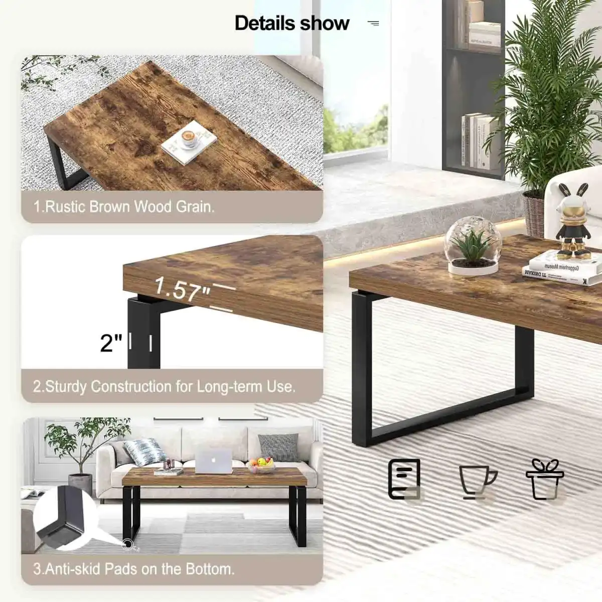 EXCEFUR Modern Coffee Table, Industrial Wood and Metal Center Table for Living Room, Rectangle Cocktail Tea Table for Home Office, Rustic Brown, 47 Inch - Image 3