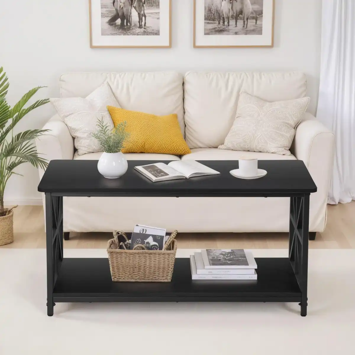 Epetlover 2-Tier Coffee Table for Living Room Industrial Modern Central Table with Wooden Tabletop Metal Frame Storage Shelf Accent Furniture for Home Office, Black - Image 4