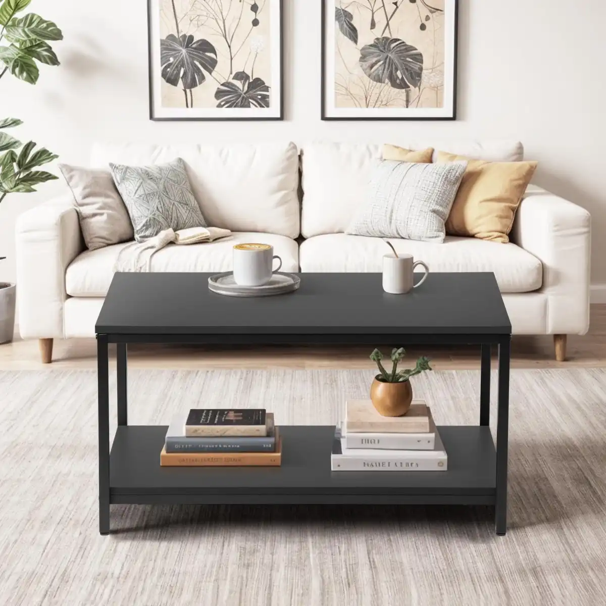 ZenStyle Industrial Coffee Table with Storage Shelf for Living Room, Wood Look Accent Furniture with Vintage Wooden Board Stable Metal Frame Cocktail Table 2-Tier Tea Table - Image 2