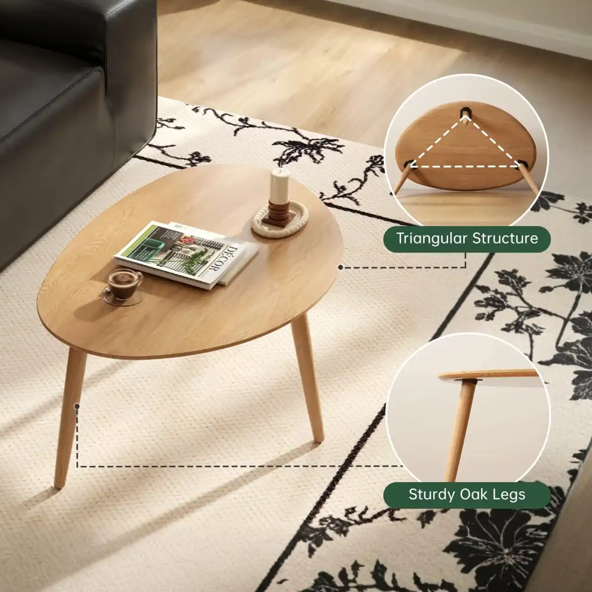Vadisun Small Oval Nesting Table, Mid Century Coffee Table for Living Room,Solid Oak Wood End Tables,Triangle Tabletop with 3 Legs,Minimalist Display Living Tables (Original Wood Color, Combine) - Image 4