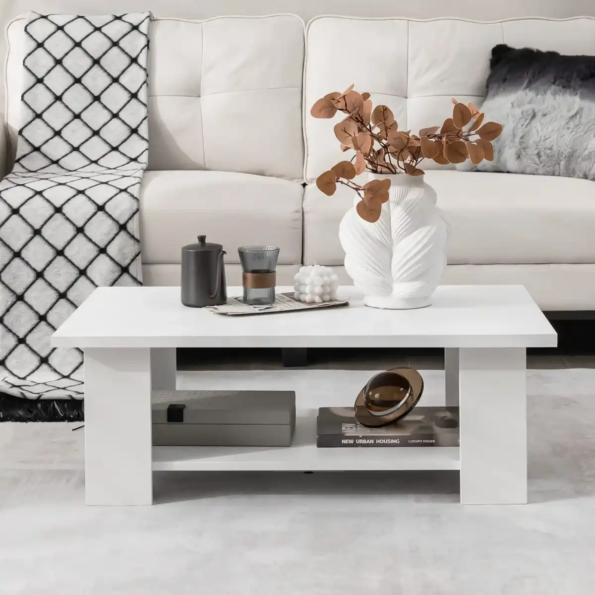Tangkula 2-Tier Coffee Table, Modern Rectangular Center Cocktail Table with 5 Support Legs, Wooden Accent Living Room Furniture, Small Coffee Table for Small Spaces, Easy Assembly (White) - Image 2