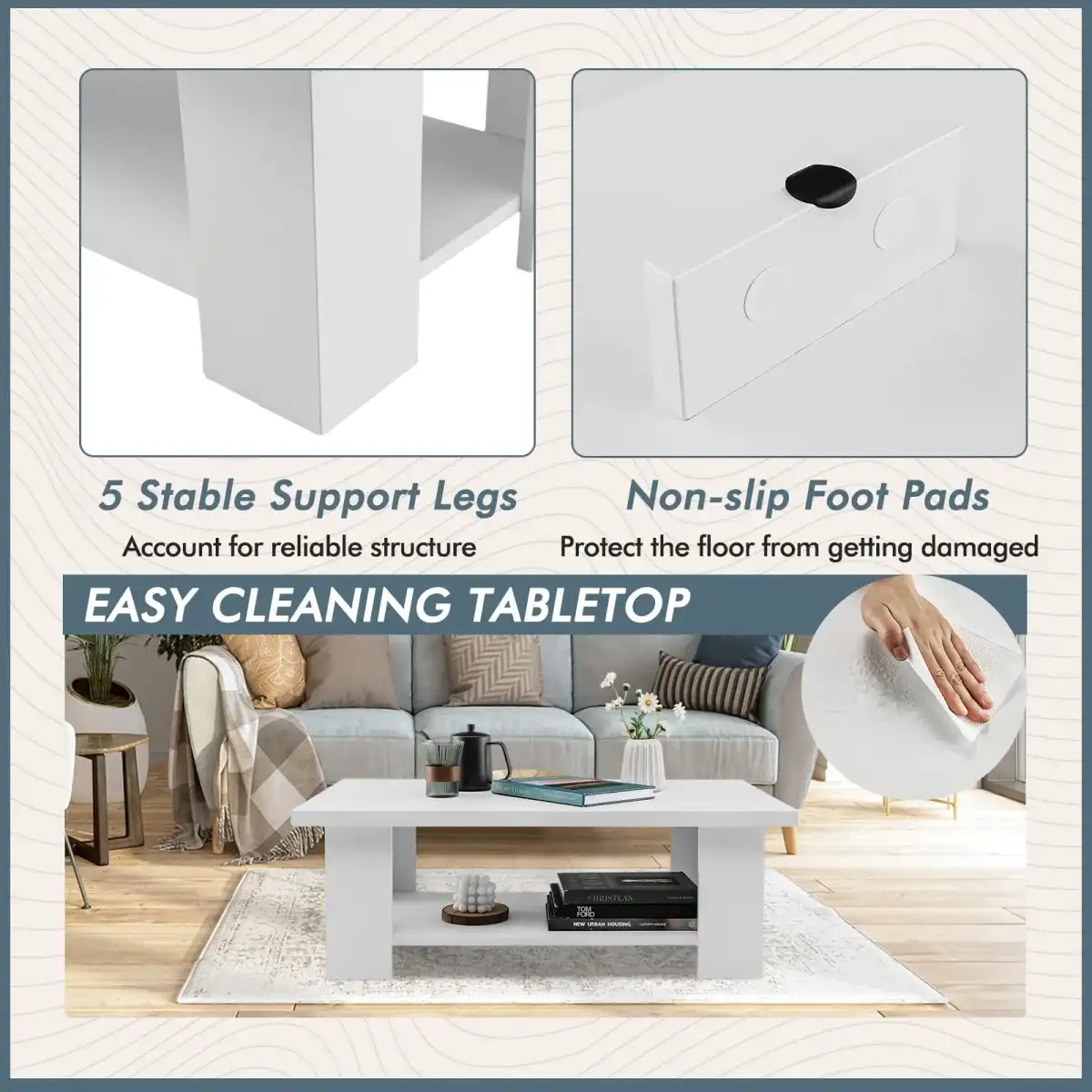 Tangkula 2-Tier Coffee Table, Modern Rectangular Center Cocktail Table with 5 Support Legs, Wooden Accent Living Room Furniture, Small Coffee Table for Small Spaces, Easy Assembly (White) - Image 7