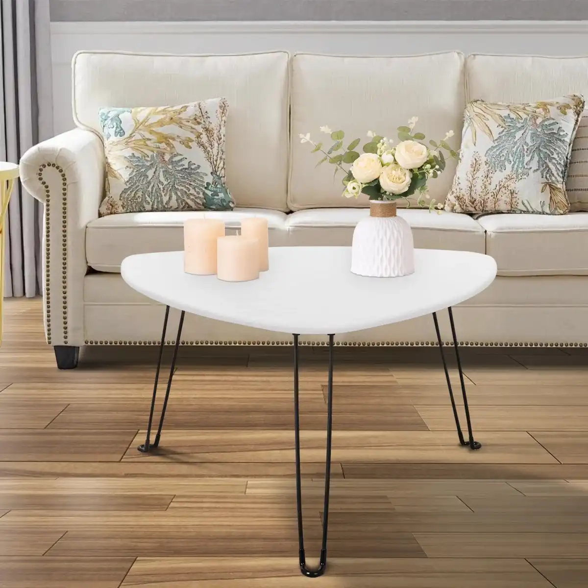 Coffee Table for Small Spaces White Folding Wooden Triangle Center Sofa Tables Simple Design Droplet Coffee Table with Steel Legs Modern Accent Furniture for Living Room Home Office - Image 3