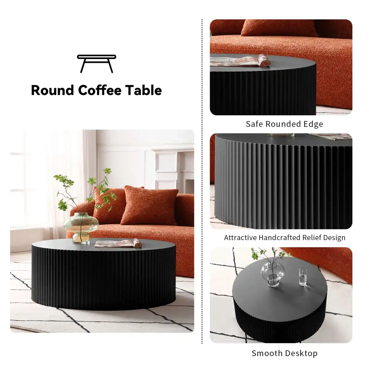 YSJZYBF Round Coffee Table, 35.43" Modern Minimalist Center Table Tea Table with Relief Design for Living Room Apartment Small Space (Matt Black) - Image 4