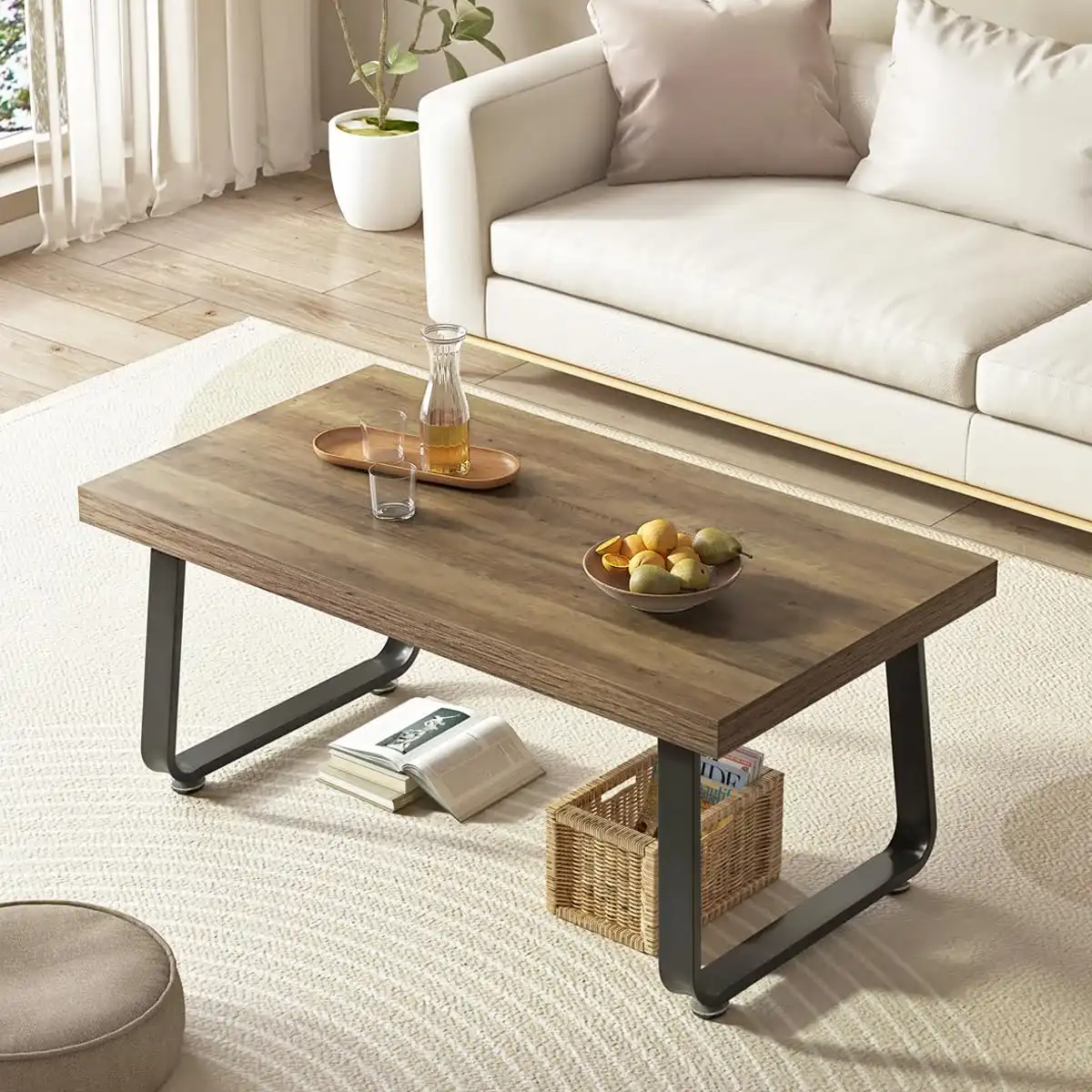 HSH Farmhouse Modern Simple Oak Center Table - Industrial Minimalist Rectangle Living Room Coffee Table, Wood and Metal, Rustic Oak, 39 in - Image 2