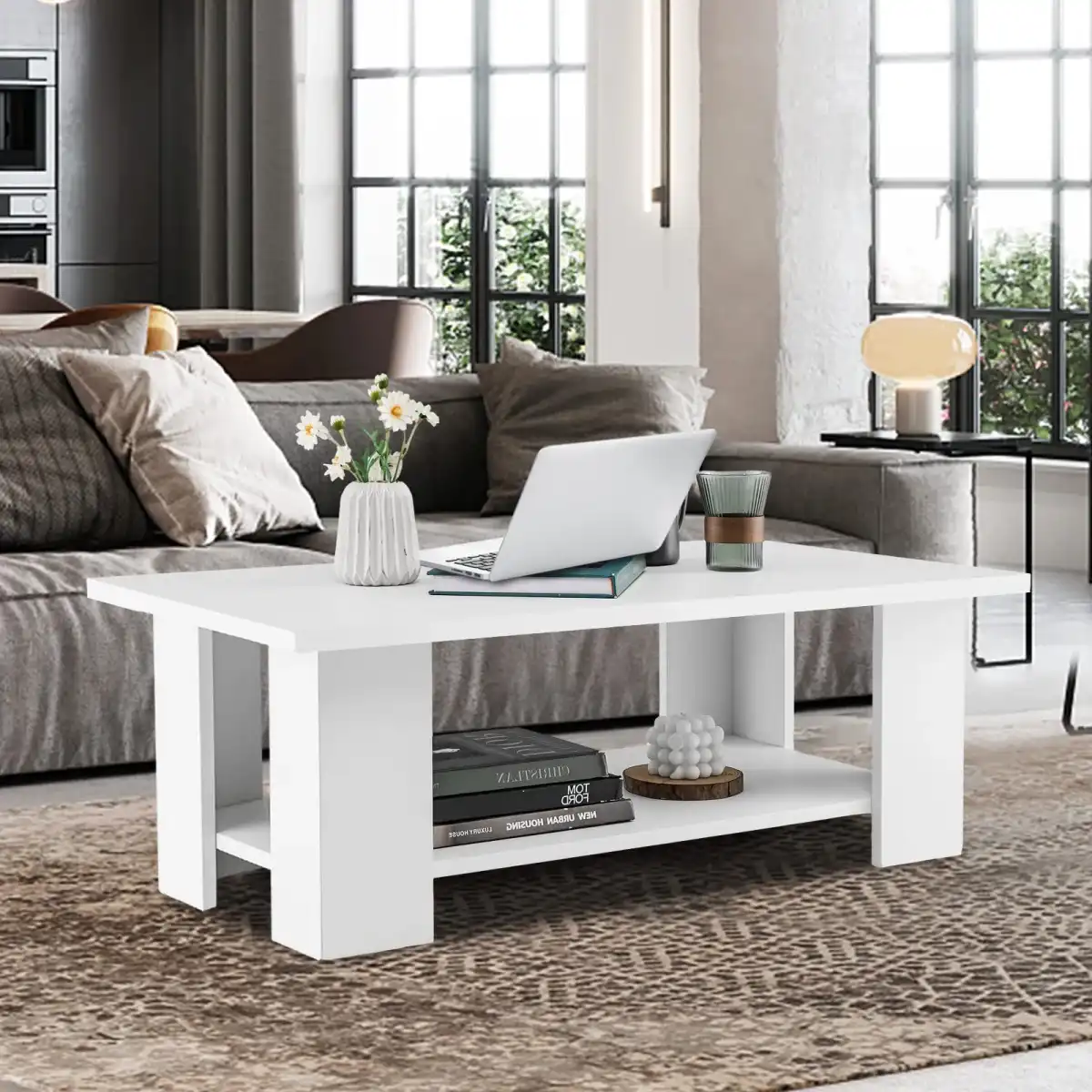 Tangkula 2-Tier Coffee Table, Modern Rectangular Center Cocktail Table with 5 Support Legs, Wooden Accent Living Room Furniture, Small Coffee Table for Small Spaces, Easy Assembly (White) - Image 4