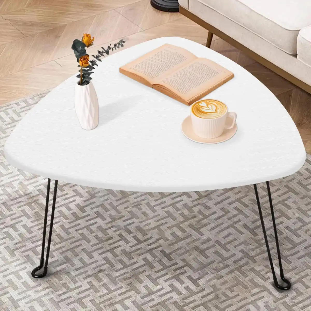 Coffee Table for Small Spaces White Folding Wooden Triangle Center Sofa Tables Simple Design Droplet Coffee Table with Steel Legs Modern Accent Furniture for Living Room Home Office - Image 2