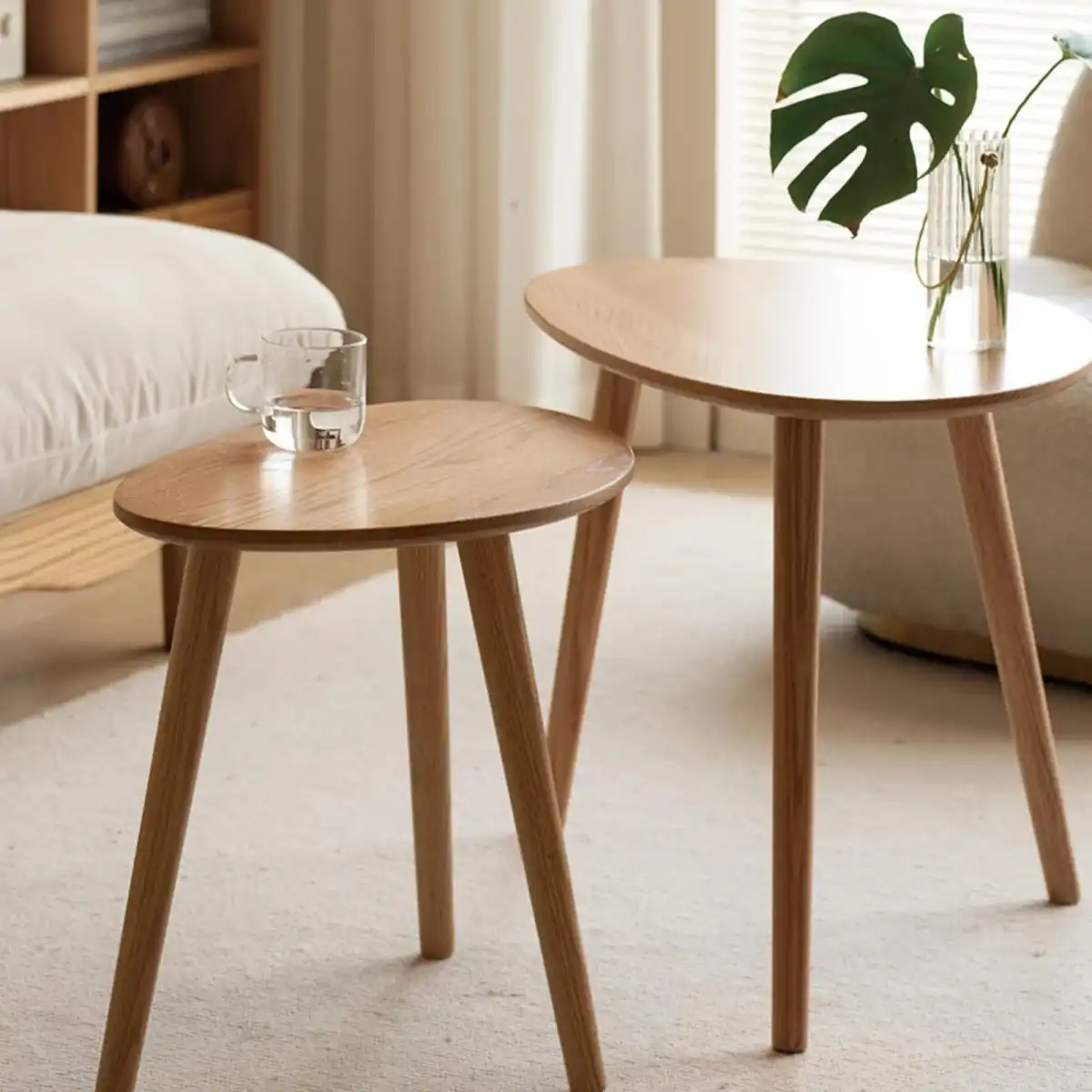 Vadisun Small Oval Nesting Table, Mid Century Coffee Table for Living Room,Solid Oak Wood End Tables,Triangle Tabletop with 3 Legs,Minimalist Display Living Tables (Original Wood Color, Combine) - Image 5