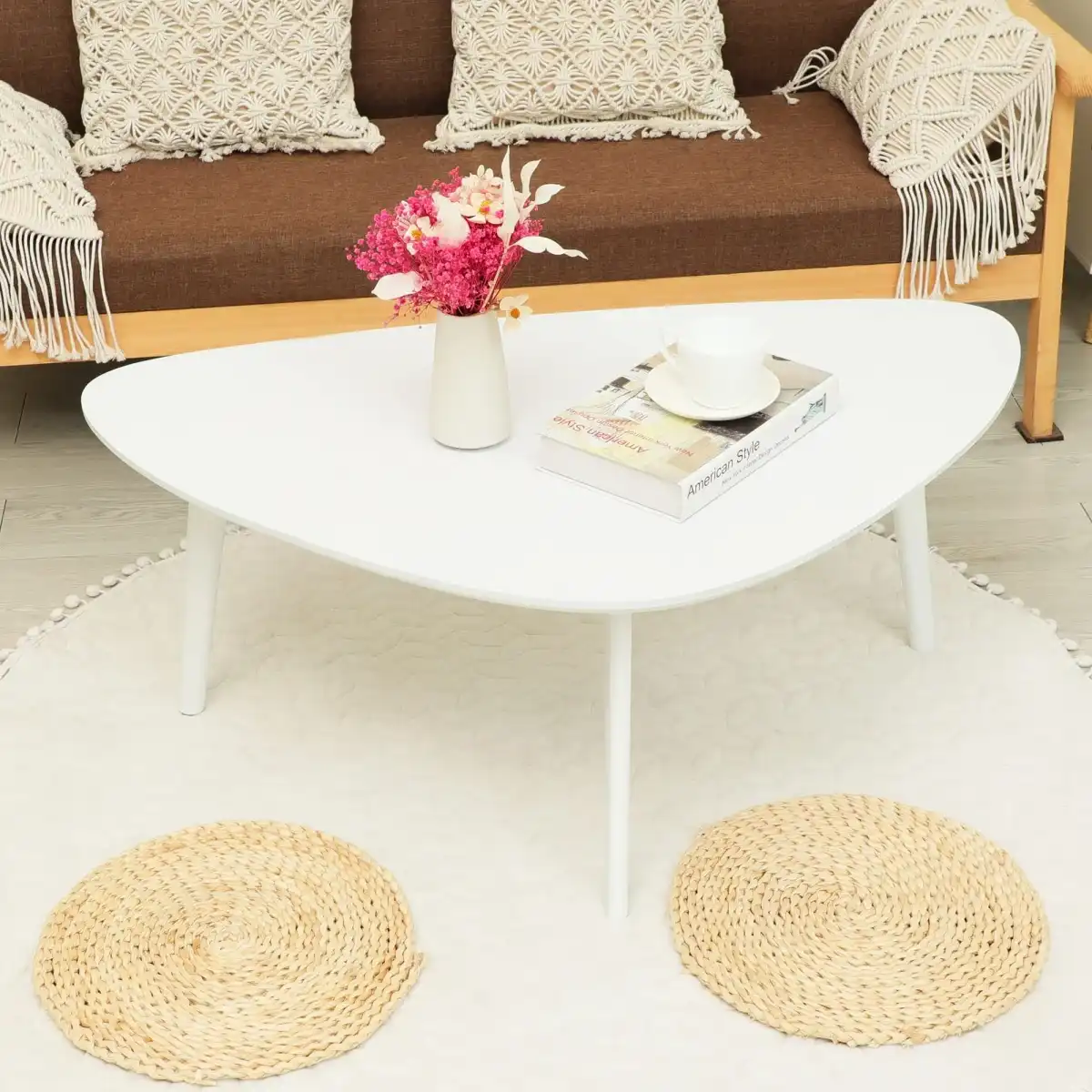 Small Oval Coffee Table Wood Mid Century Modern Coffee Tables Minimalist Farmhouse Style Chic for Living Room,Natural Wooden Texture,Unique Triangle Tabletop,Oak Leg,White 38.5" - Image 1
