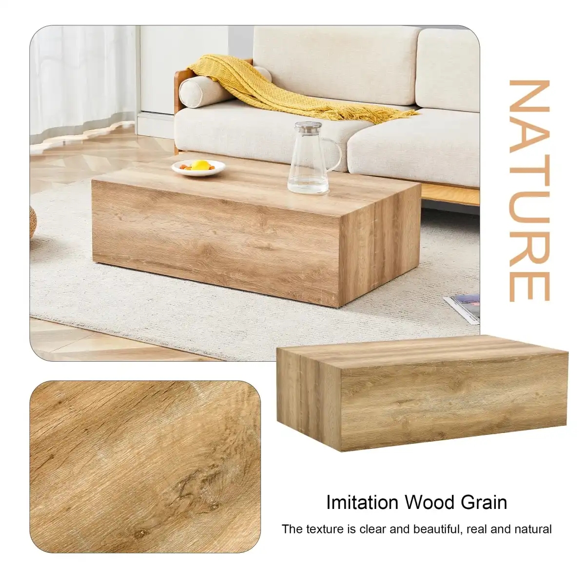 Modern Wood-Like Coffee Table Wood Grain, Rectangle Wood Center Table for Living Room,Contemporary Cocktail Center Table for Home,No Assembly - Image 6