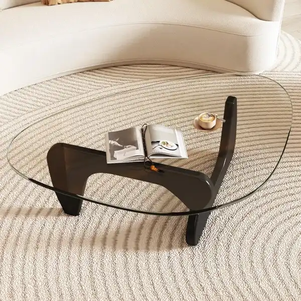 Coffee Table - Triangle Glass Coffee Table with Solid Wood Base Minimalist Modern Design Mid-Century Vintage End Table for Living Room Patio Study, 32.3  22.9  15.8