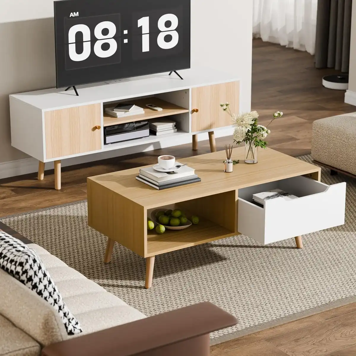 Cozy Castle Modern Wooden Coffee Table with Storage, Minimalist Hallway Mid Century Cocktail Table for Living Room Apartment Reception, Oak - Image 7