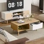 Cozy Castle Modern Wooden Coffee Table with Storage, Minimalist Hallway Mid Century Cocktail Table for Living Room Apartment Reception, Oak - Image 7