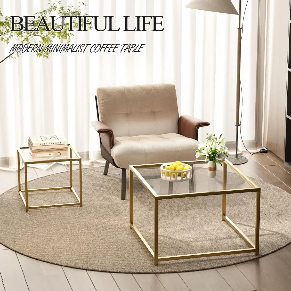 Adompacat Glass Coffee Table Gold,Nesting Tables Set of 2, Minimalist Coffee Side End Tables for Small Spaces, Sofa Side Tea Coffee Table with Metal Frame for Home, Office, Space-Saving - Image 5