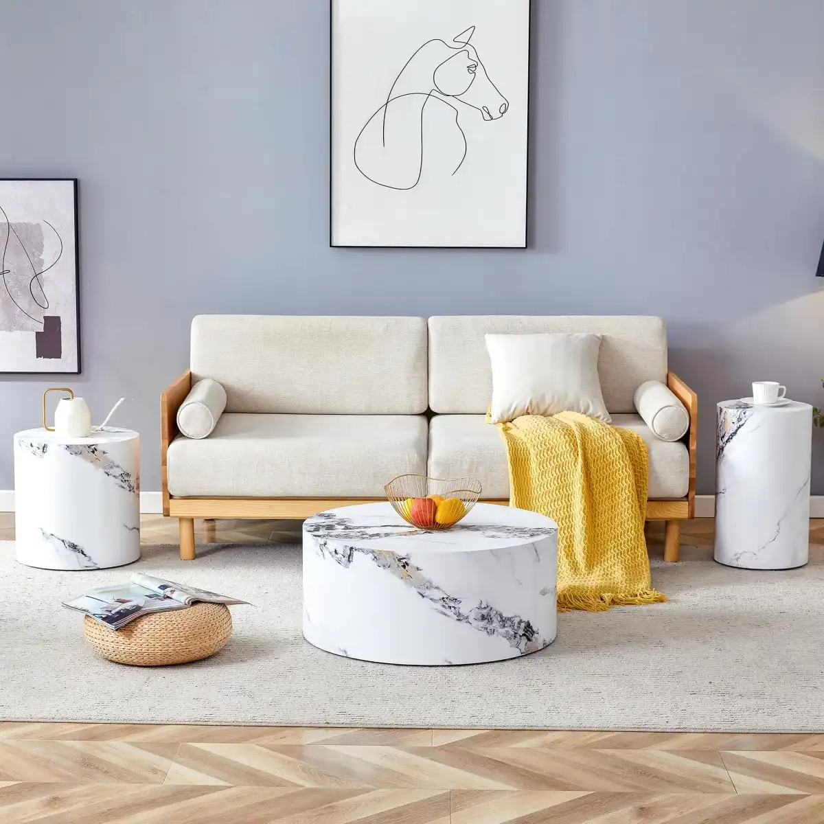3 Piece Coffee Table Set of 3, Round Coffee Table and End Table Sets with Faux Marble Cylinder, Mordern Coffee Tables and Side Table Set for Living Room Apartment Office, No Assembling, White X 3 - Image 1