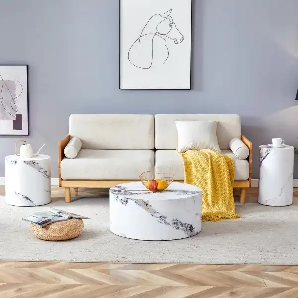 3 Piece Coffee Table Set of 3, Round Coffee Table and End Table Sets with Faux Marble Cylinder, Mordern Coffee Tables and Side Table Set for Living Room Apartment Office, No Assembling, White X 3