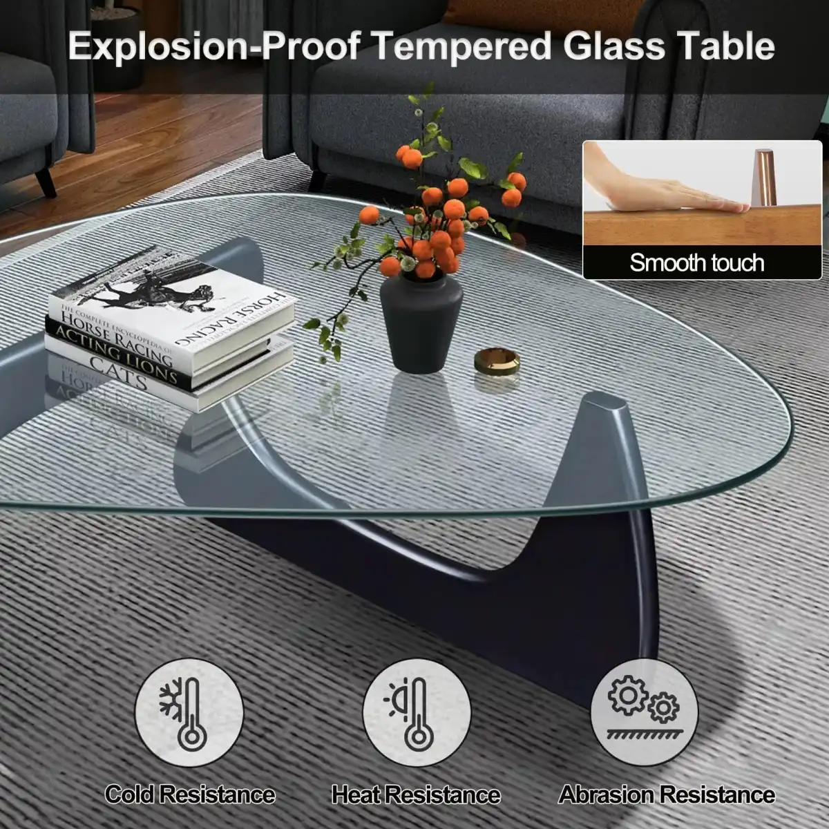 Coffee Table - Triangle Glass Coffee Table with Solid Wood Base Minimalist Modern Design Mid-Century Vintage End Table for Living Room Patio Study, 32.3  22.9  15.8 - Image 5