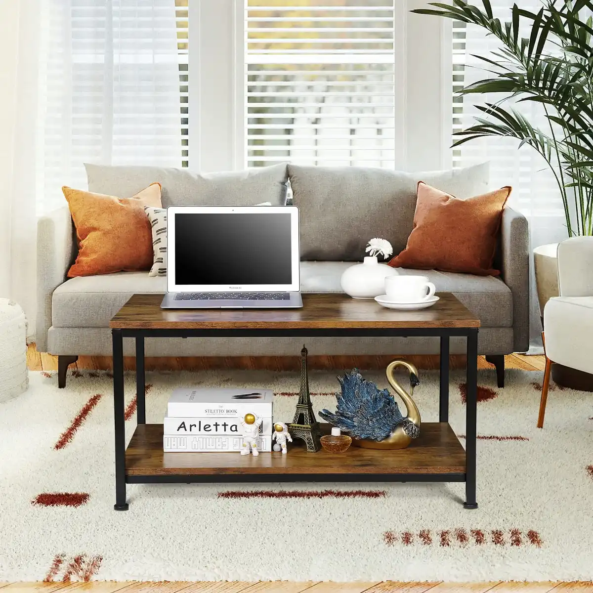 SUPER DEAL 2-Tier Industrial Coffee Table with Storage Shelf for Small Apartment Living Room, Rectangle Wood and Stable Metal TV Stand Side End Table, Retro Brown - Image 2