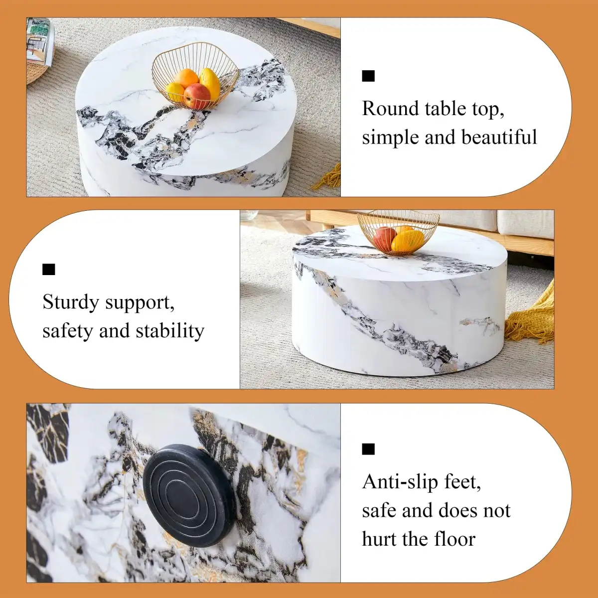 3 Piece Coffee Table Set of 3, Round Coffee Table and End Table Sets with Faux Marble Cylinder, Mordern Coffee Tables and Side Table Set for Living Room Apartment Office, No Assembling, White X 3 - Image 6