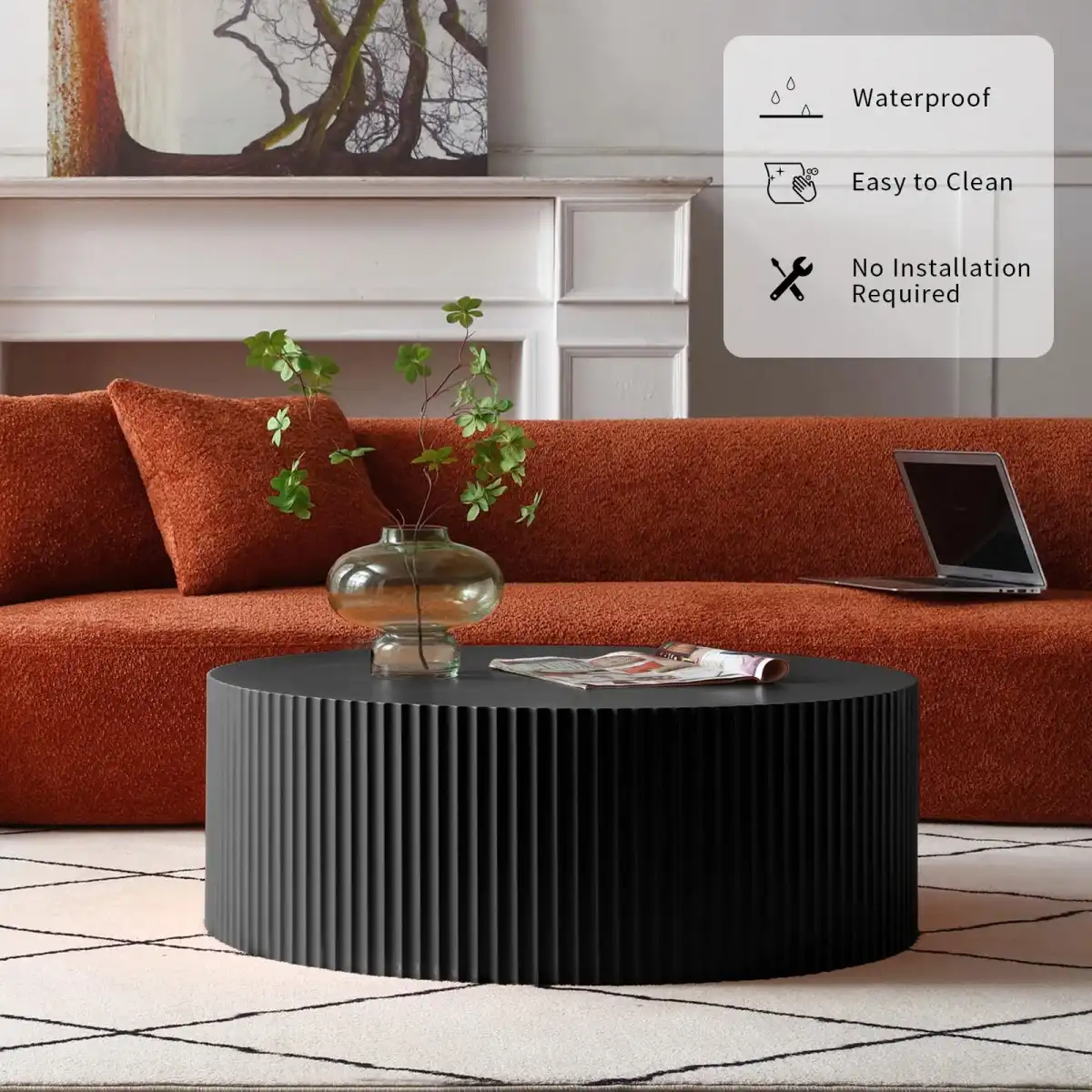 YSJZYBF Round Coffee Table, 35.43" Modern Minimalist Center Table Tea Table with Relief Design for Living Room Apartment Small Space (Matt Black) - Image 5