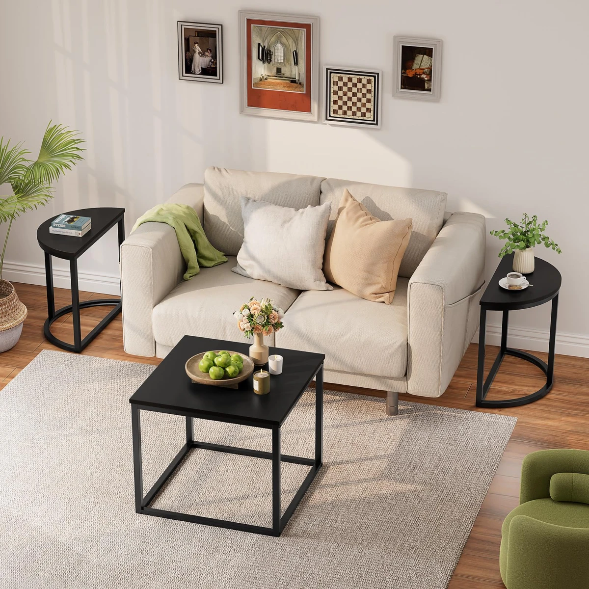 GreenForest Coffee Table Oval 3pcs Set, Modern Living Room Table with 2 End Tables, Small Center Table with Metal Frame for Home Apartment, Black - Image 6