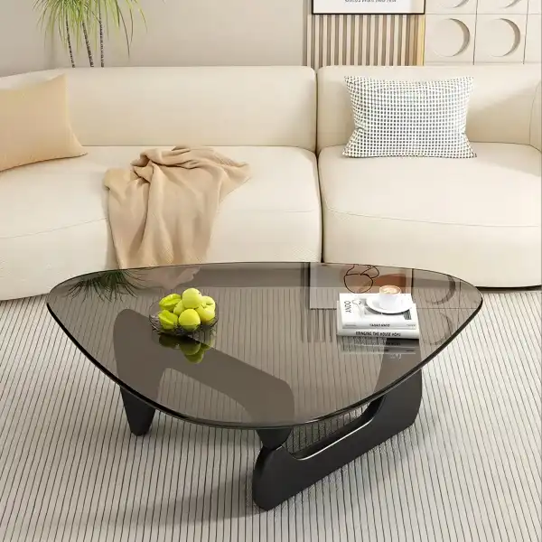 EASYSOUL Modern Glass Coffee Table, 32.68" D x 22.44" W x 15.75" H, Abstract Round Tea Tables for Living Room Home Office Industrial Cocktail Tables (Black-Gray Glass, 32.68")