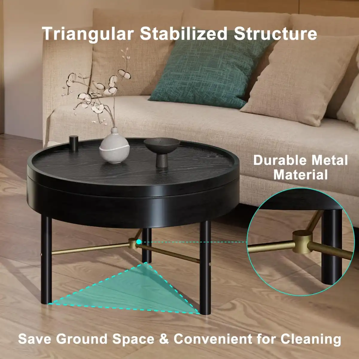 24" Coffee Table, Modern Round Wood Rotating Tray Coffee Table with Storage, Minimalist Circle Coffee Table with Metal Legs, Black Small Round Storage Coffee Tables Center Table for Living Room - Image 2