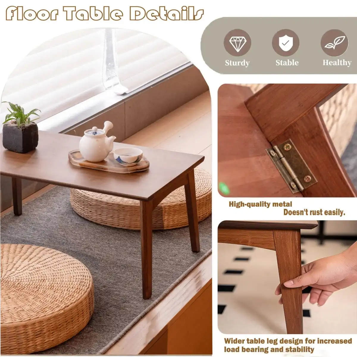 Kuabner Folding Floor Table Low Coffee Table for Sitting On The Floor Japanese Floor Table No Assembly Tatami FoldableTable for Living Room Home Office (Walnut, Large) - Image 2