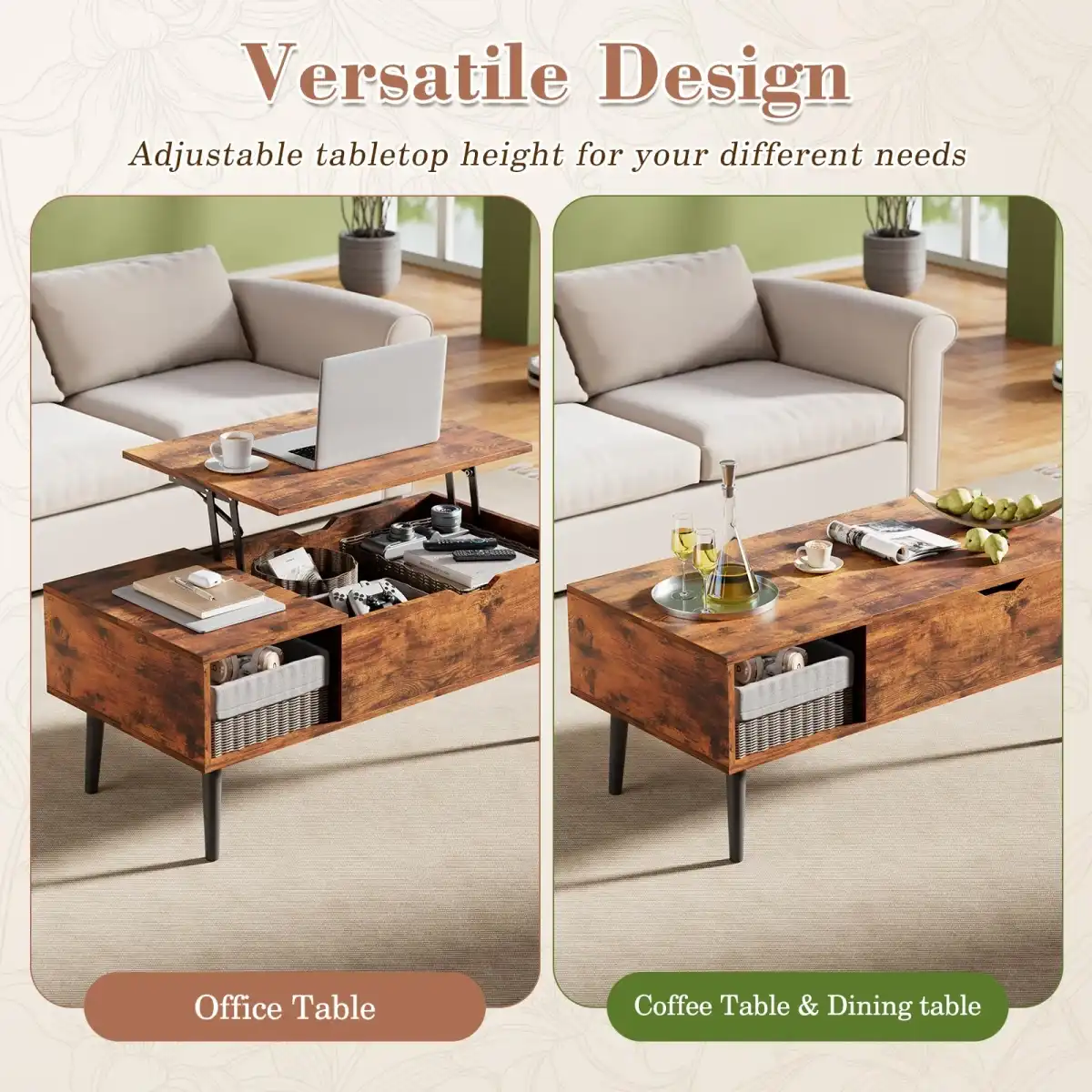 OLIXIS Wood Lift Top Coffee Table with Hidden Compartment and Large Storage Shelf, Lift Tabletop Dining Center Table for Home Living Room Office, Natural Wood - Image 2
