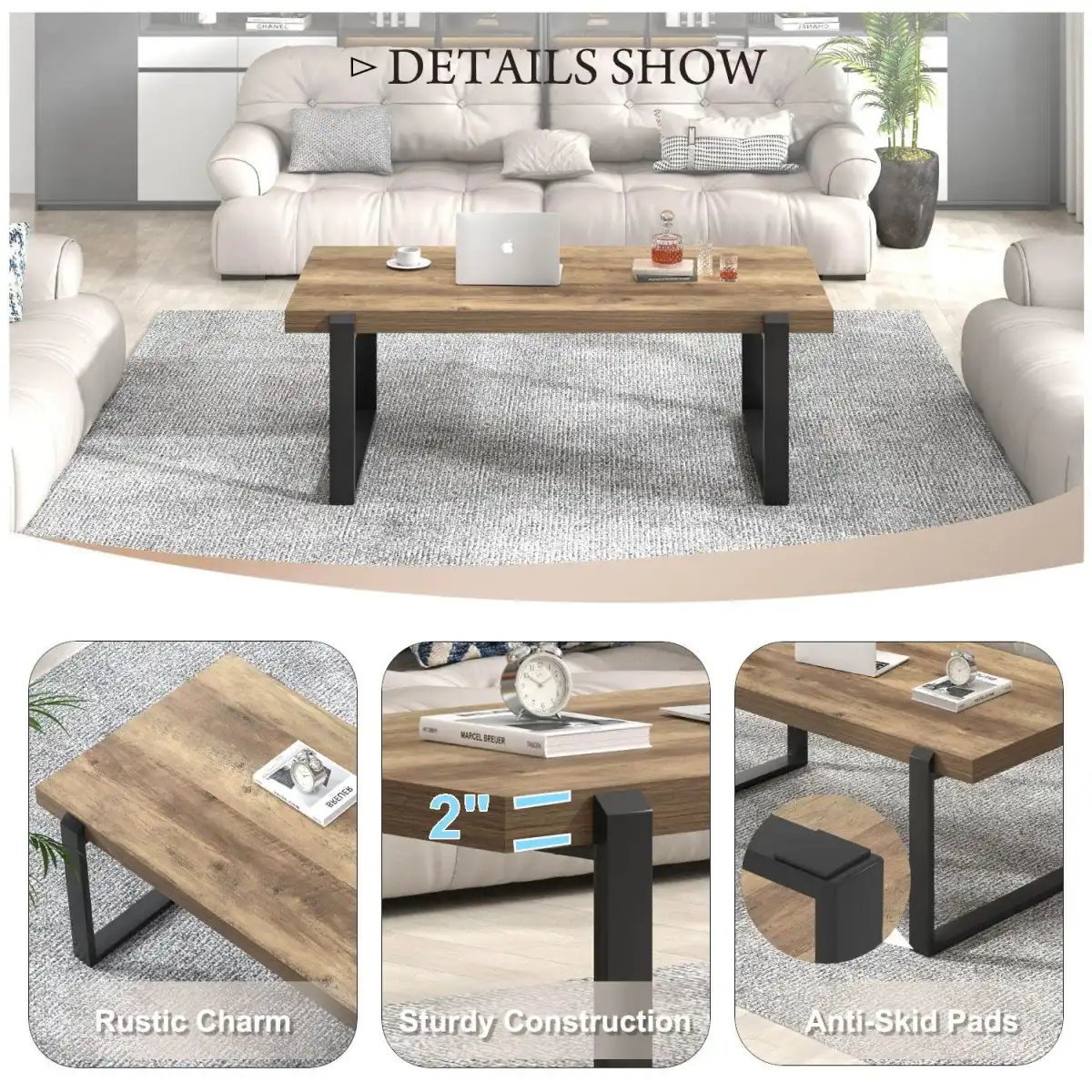 FOLUBAN Rustic Coffee Table, Modern Wood and Metal Industrial Center Table for Living Room, 47 Inch Oak - Image 5