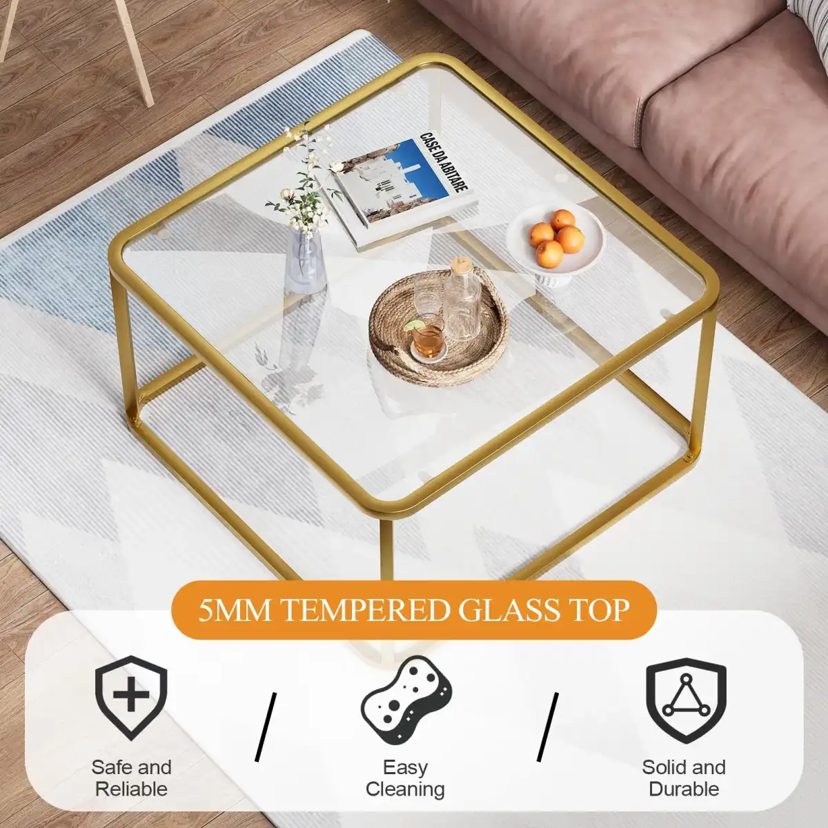 Coffee Table Glass, Minimalist Square Tables for Living Room, Modern Center Table for Office or Small Space, Tempered Glass, Sturdy Metal Frame, Easy Assembly, 26.4 x 26.4 x 15.7 Inches, Gold - Image 6