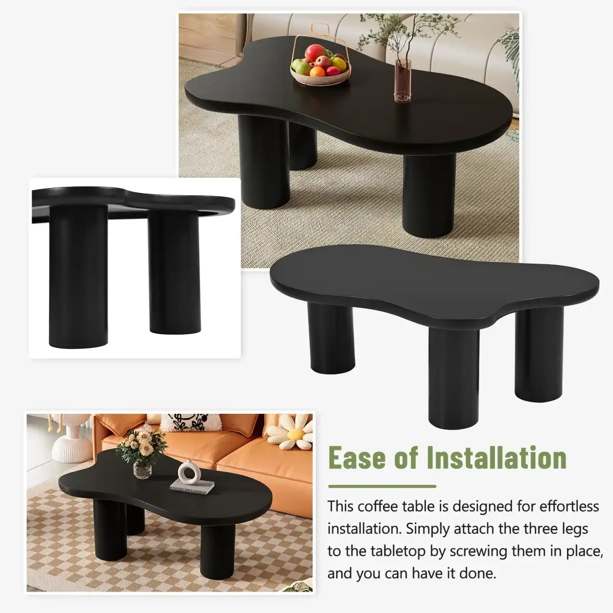 Merax 44" Cloud-Shaped Wooden Coffee Table Cream Style CenterTable with 3 Thick Legs,Minimalist Irregular EndTable - Image 5