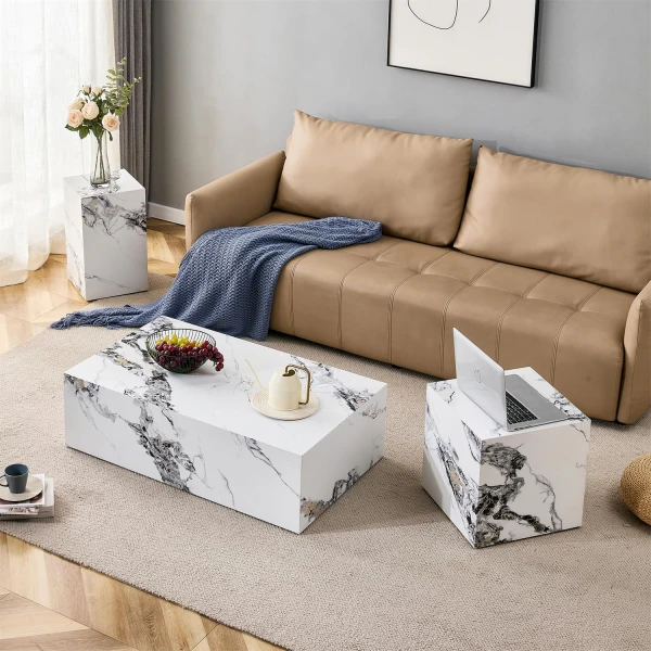 Coffee Table Set for 3, Living Room Table Set, White Faux Marble Coffee Table and Side Table, Modern Coffee Table Set, Center Table Set, No Assembly Required - Ready to Use