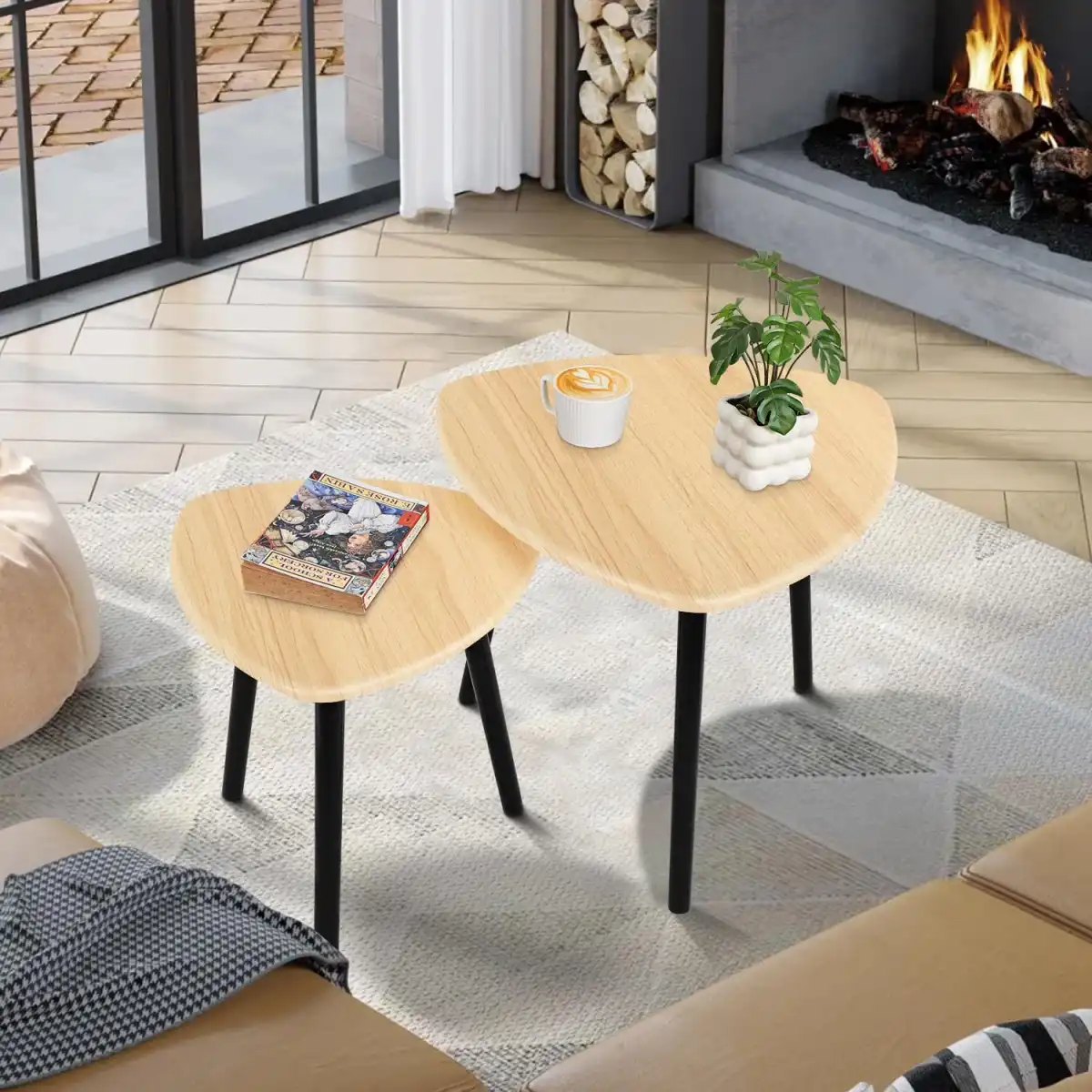Small Coffee Table Set of 2 Triangle Nesting Coffee Tables Modern Minimalist End Side Table for Living Room Bedrom Balcony, Walnut - Image 2