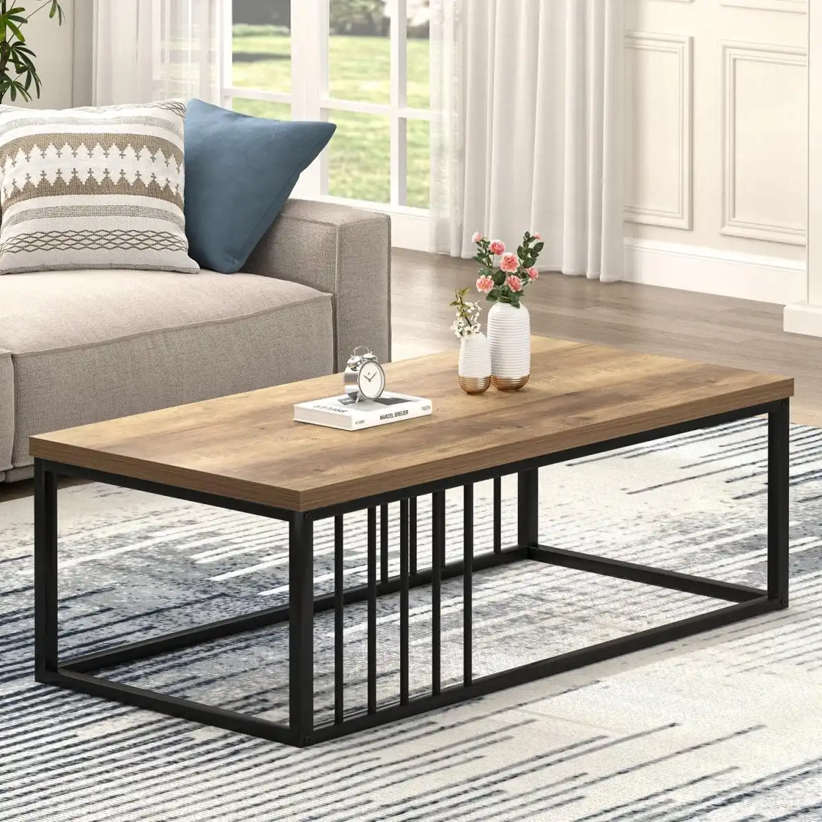 FOLUBAN Modern Coffee Table, Minimalist Wood and Metal Center Table for Living Room, Rustic Oak, 43.3 Inch - Image 2