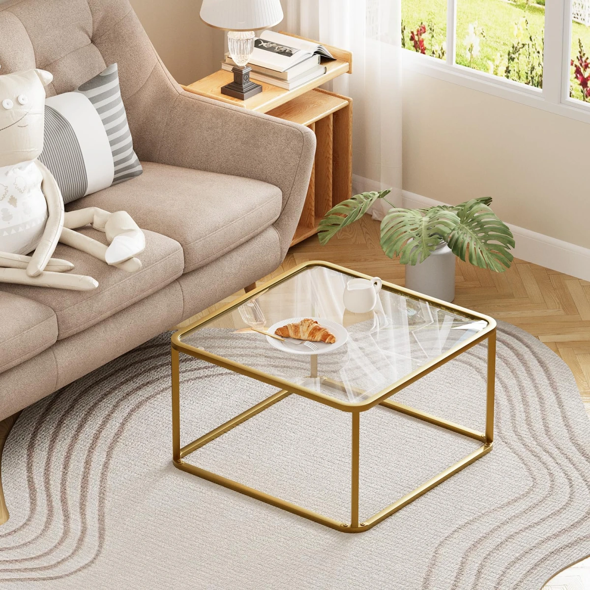 Coffee Table Glass, Minimalist Square Tables for Living Room, Modern Center Table for Office or Small Space, Tempered Glass, Sturdy Metal Frame, Easy Assembly, 26.4 x 26.4 x 15.7 Inches, Gold - Image 5