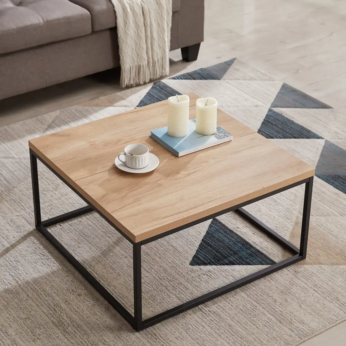 CENSI 30-Inch Natural Oak Square Coffee Table Ottoman for Living Room, Mid-Century Modern, Light Wood - Image 1
