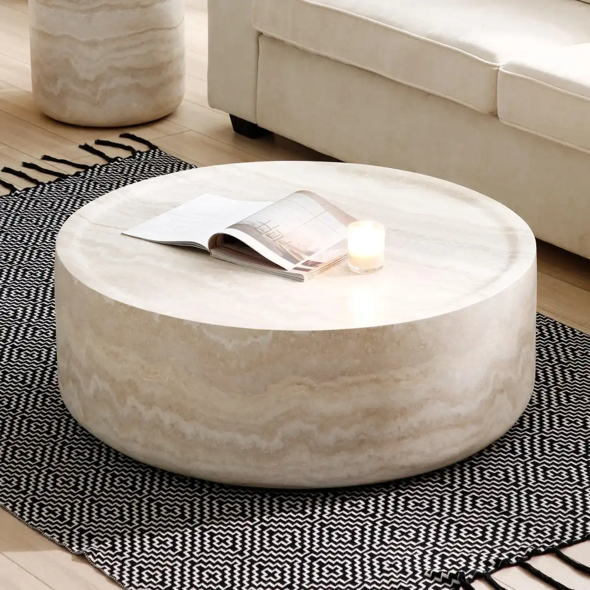 Ball & Cast 35.43" Round Coffee Table,Faux Travertine Textured Accent CoffeeTable for Living Room,Modern Minimalist Low Circle Center Table Side Table for Apartment,Office,Marble - Image 4