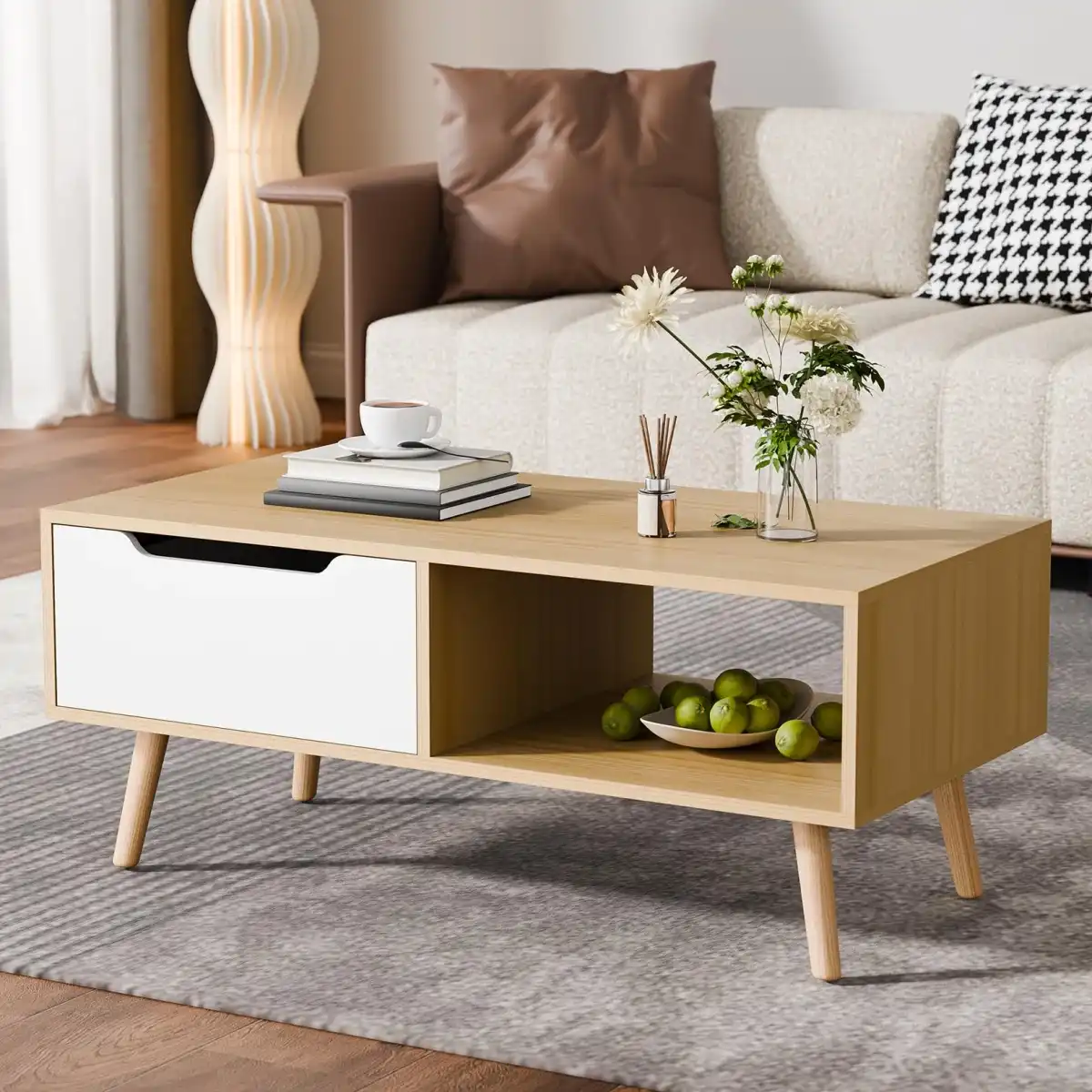 Cozy Castle Modern Wooden Coffee Table with Storage, Minimalist Hallway Mid Century Cocktail Table for Living Room Apartment Reception, Oak - Image 2
