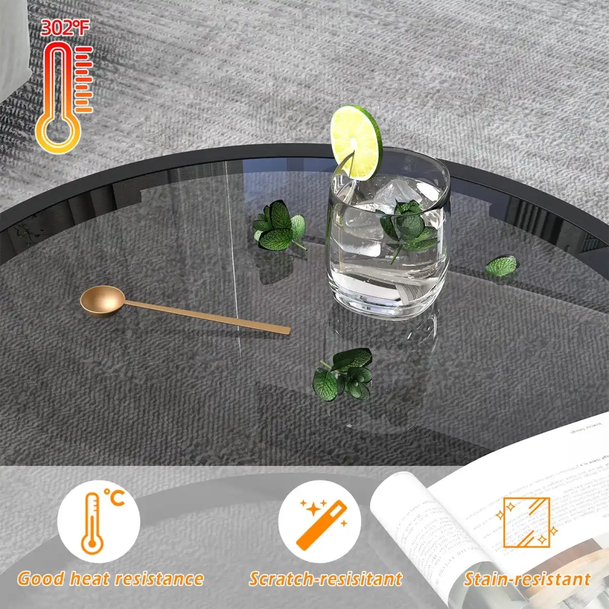 Glass Coffee Table Modern Center Table,Minimalist Round Coffee Tea Table,Tempered Glass-top with Sturdy Metal Frame for Living Room Bedroom Office and Small Space, 27 x 27 x 17 Inch,Gray Black - Image 7