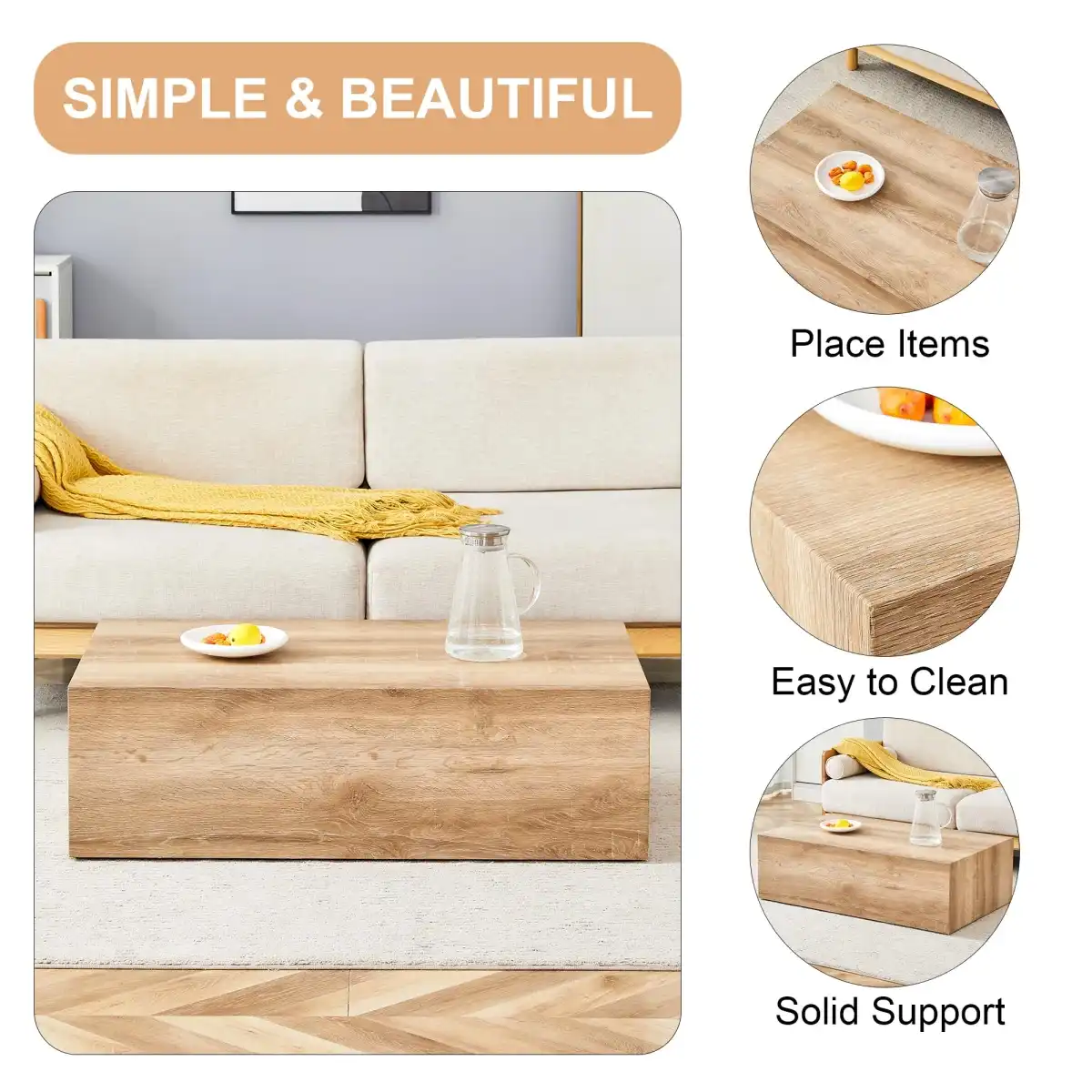 Modern Wood-Like Coffee Table Wood Grain, Rectangle Wood Center Table for Living Room,Contemporary Cocktail Center Table for Home,No Assembly - Image 9