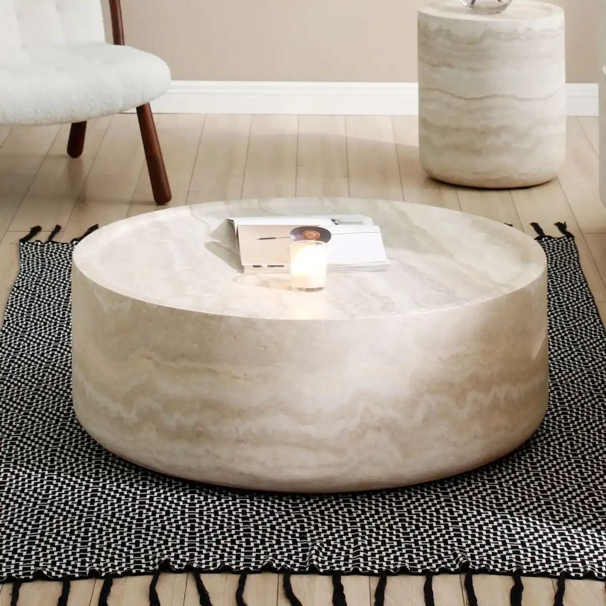 Ball & Cast 35.43" Round Coffee Table,Faux Travertine Textured Accent CoffeeTable for Living Room,Modern Minimalist Low Circle Center Table Side Table for Apartment,Office,Marble - Image 3